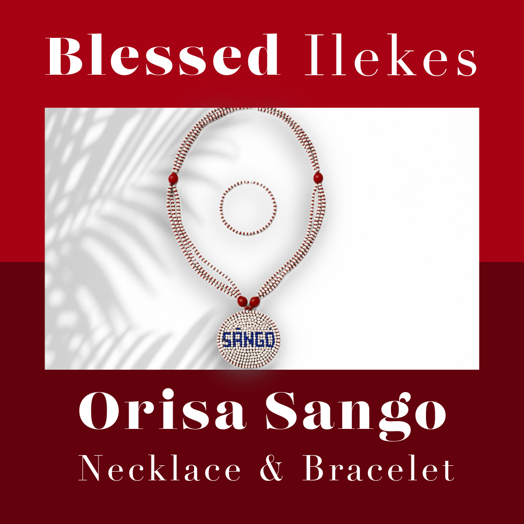 Orisa Sango red and white beaded necklace and bracelet set symbolizing justice, passion, and divine power in Yoruba tradition.