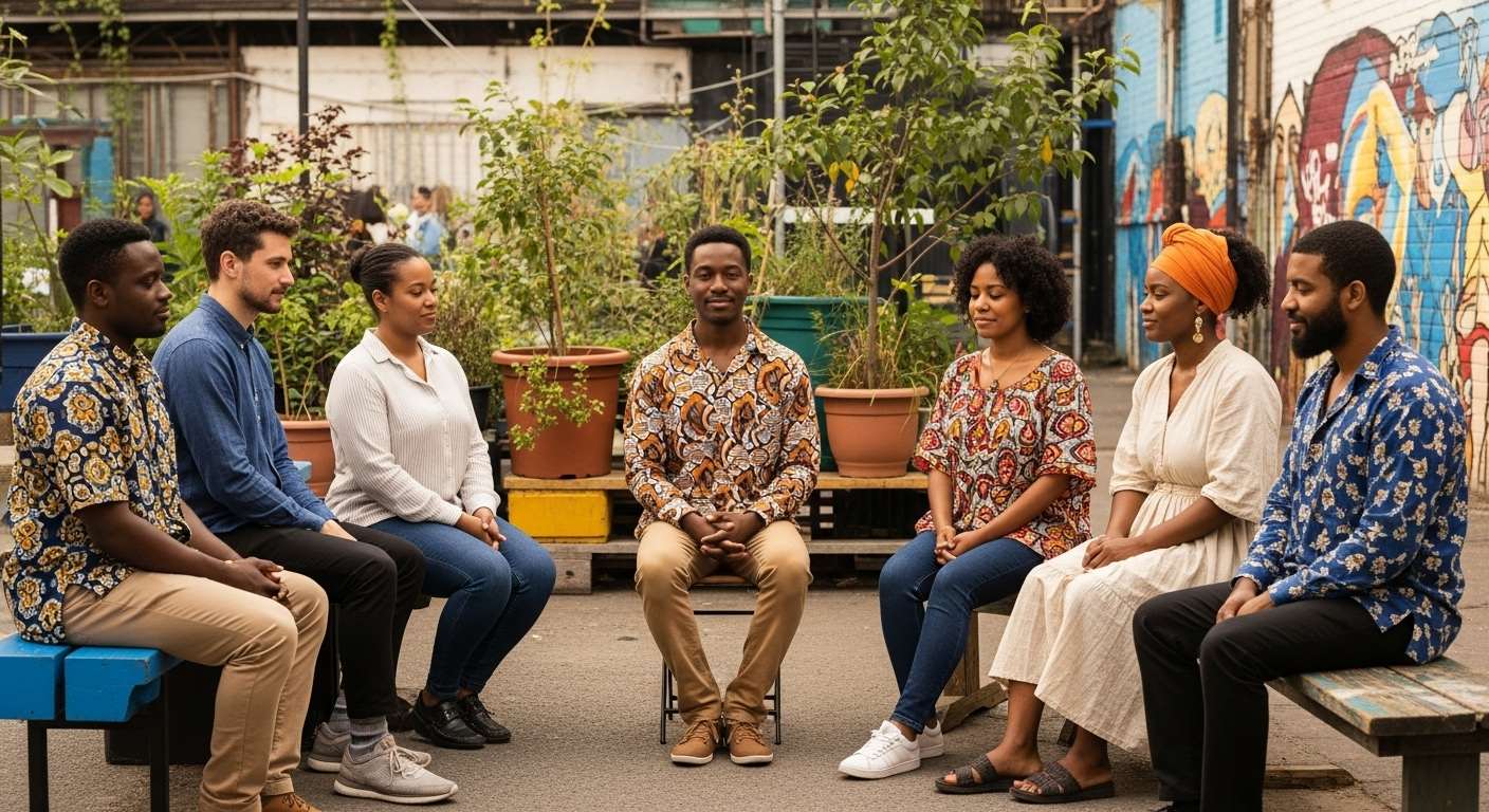 Afro-diaspora individuals seated together in a calm communal setting, representing collective safety and social protection.