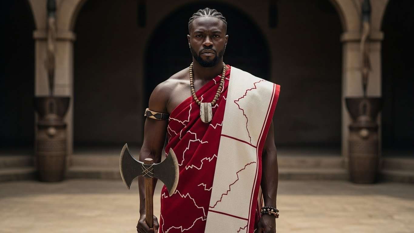 Shango standing in a ceremonial courtyard wearing red and white garments, short braids, holding a double-headed axe