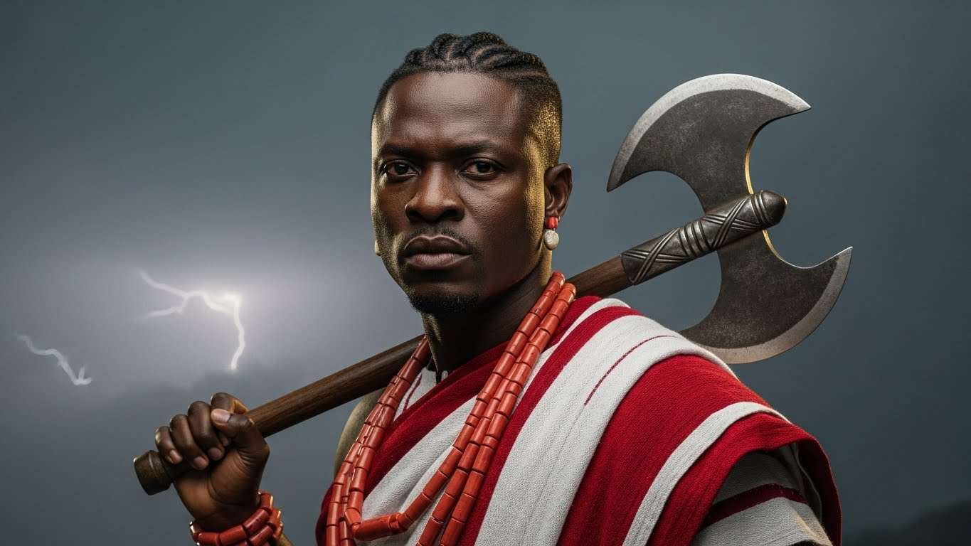 Portrait of Shango with short braids carrying a double-headed axe over his shoulder, wearing red and white cloth